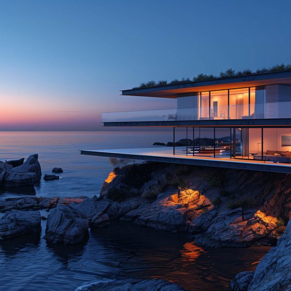 Modern Architectural House on Rocky Coast at Twilight